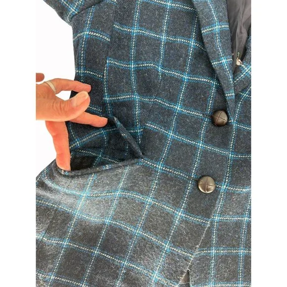 Talbots Womens 6 Wool Blend Navy & Turquoise Plaid Blazer AOP Lining Academia - Picture 9 of 11